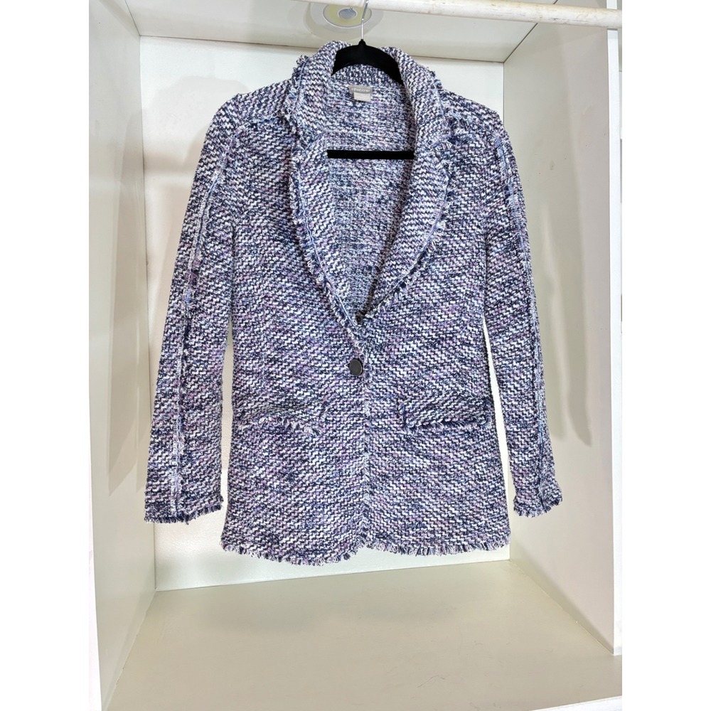 Chico's Tweed Blazer Women Size 0 S Purple Blue Multi Color Fringe Trim Jacket